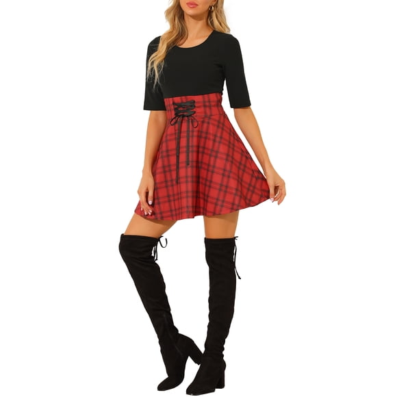 Allegra K Vestido de Cuello Redondo de Manga Corta con Cintura Alta y Lazo en la Parte Delantera, Estampado de Cuadros, Negro S