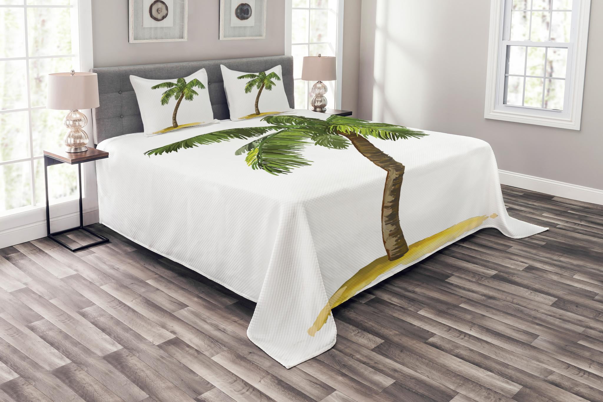 Palm Tree Bedspread Set Queen Size, Cartoon Palm Tree Image Tropical Plant and Sand Serenity