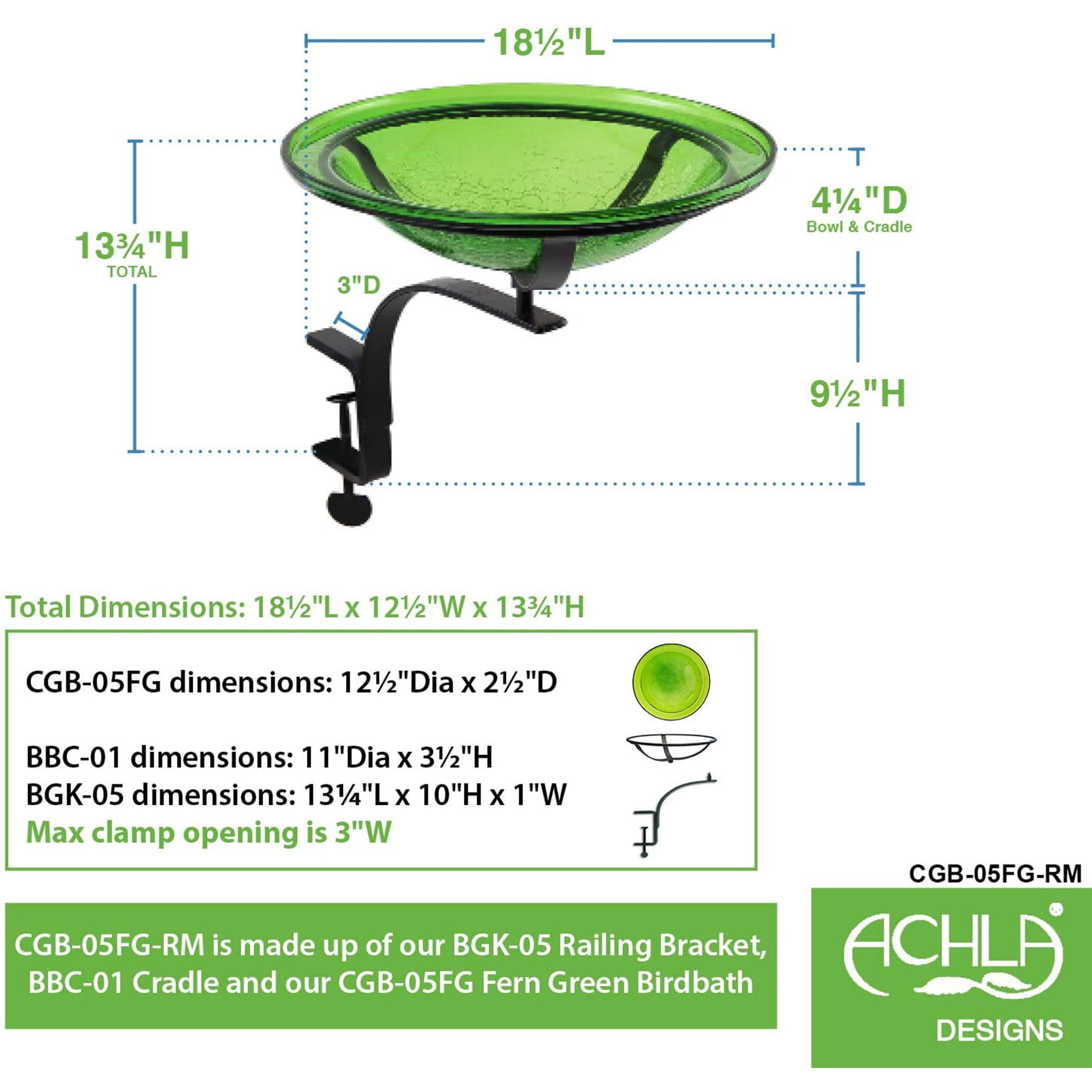 Achla Designs 12 In Crackle Glass Birdbath Decoration w/ Rail Mount, Green
