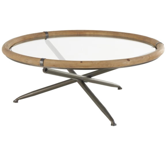 DecMode 39" x 16" Brass Metal Round Coffee Table with Brown Wooden Framed Glass Tabletop, 1-Piece
