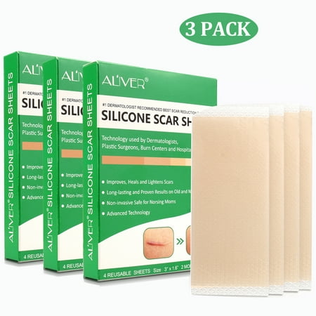 Aliver (3 Pack) 4Pcs Silicone Scar Sheets Scar Tape, 2 Months Supply Professional Scar Removal Strips