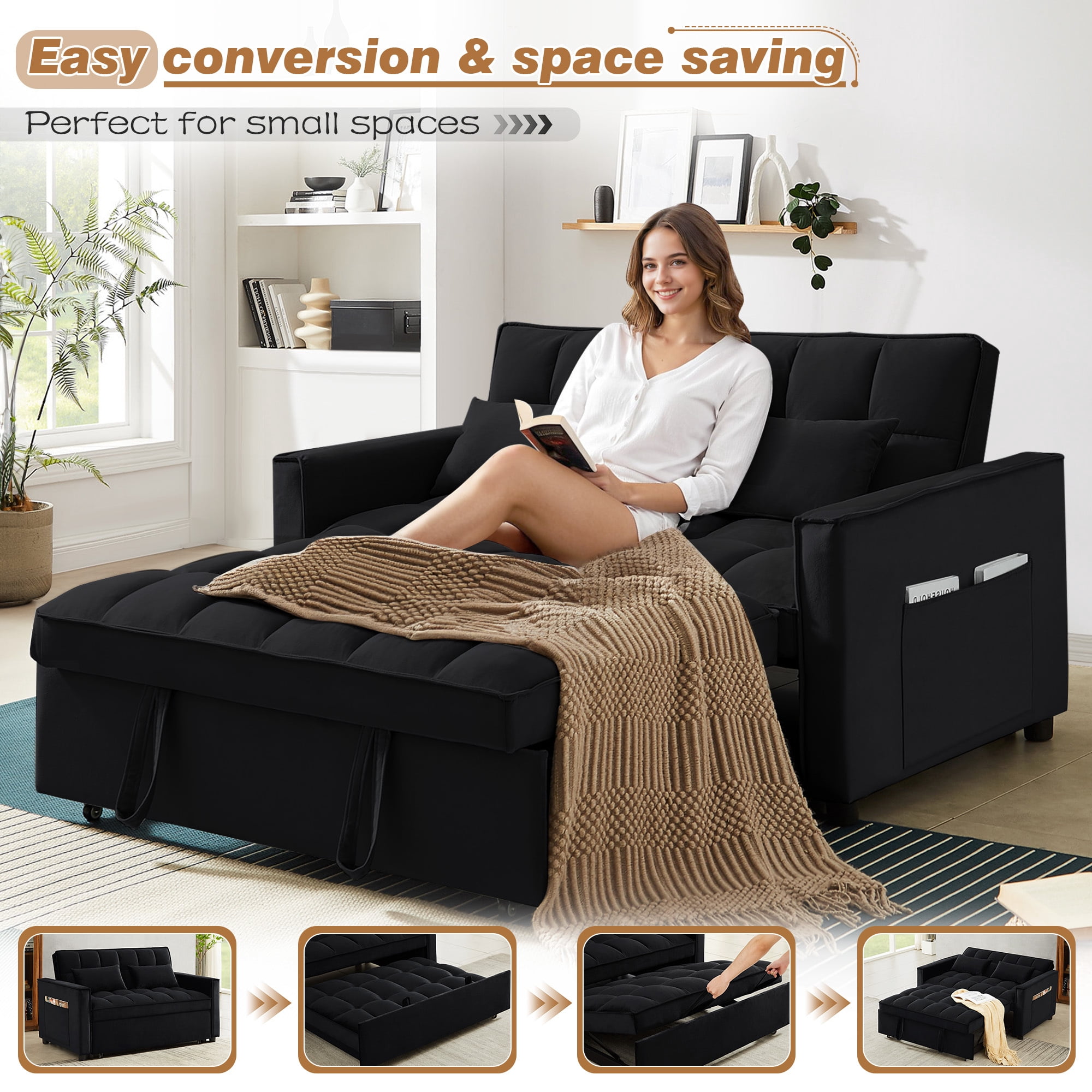 Lunale 4-in-1 Convertible Futon Sofa Bed, Pull Out Couch Beds Loveseat Sleeper, Black Velvet