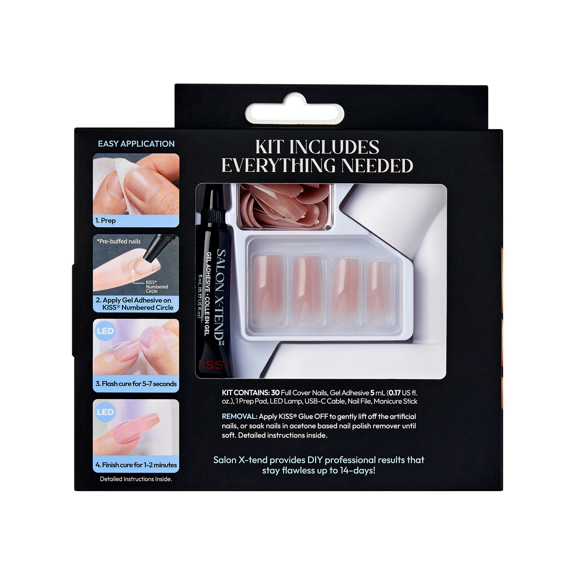 KISS Salon X-tend LED Soft Gel System Starter Kit, 'Lux', Natural, Long Square, 62 Ct.