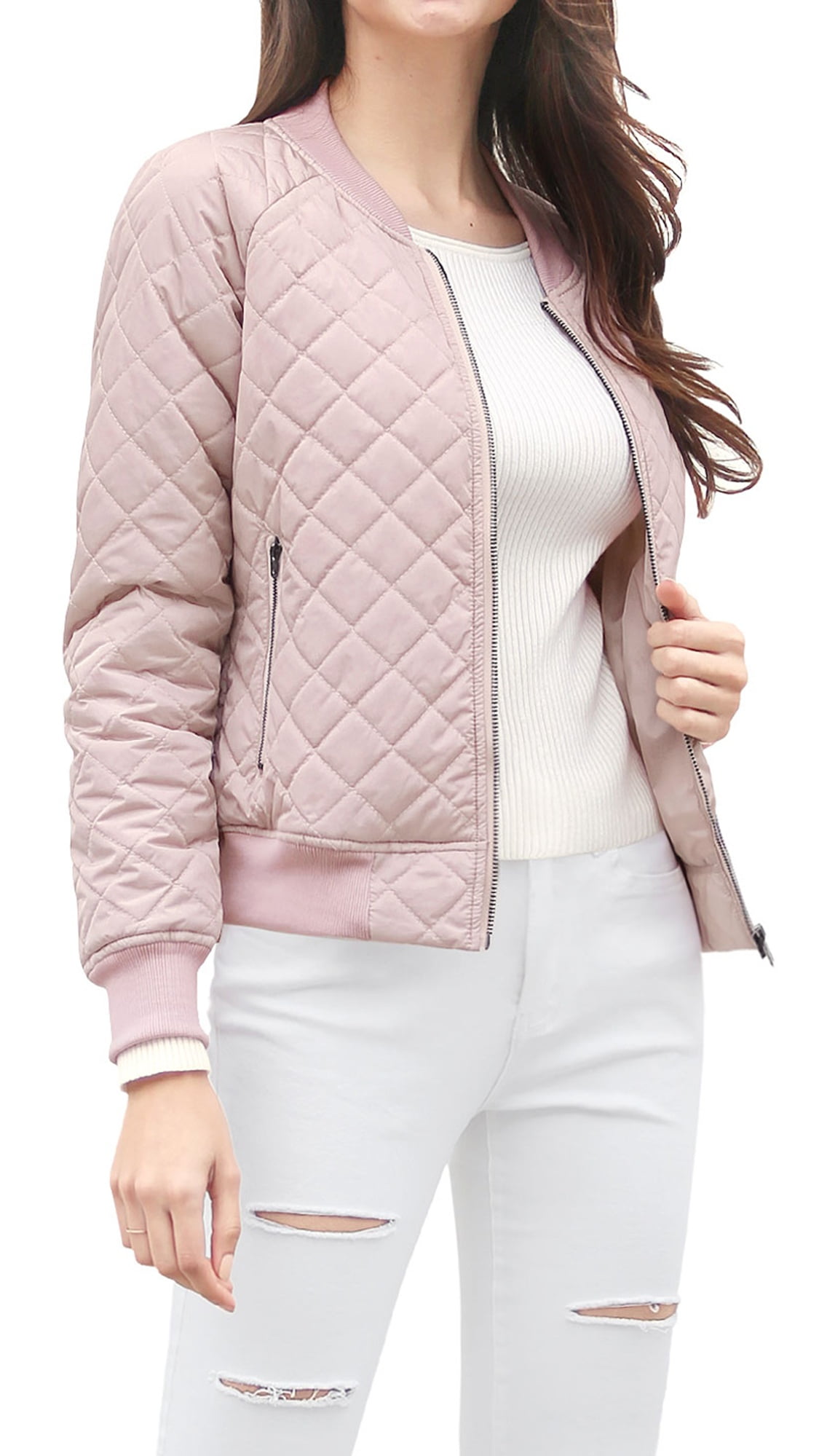 Allegra K Womens Raglan Sleeves Quilted Zip Up Bomber Jacket
