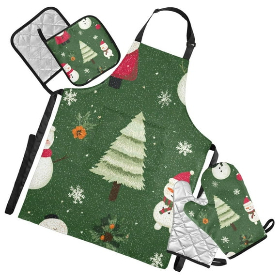 Cartoon Snowman Christmas Trees Apron Set with Oven Mitts Pot Holders Set of 5 Kitchen Stuff Accessories
