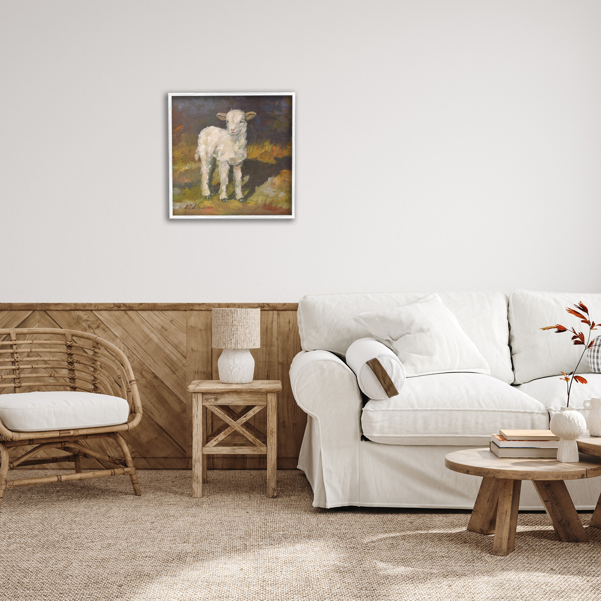 Stupell Industries Soft Baby Lamb Painting Animals & Insects Painting White Framed Art Print Wall Art, 24 x 24