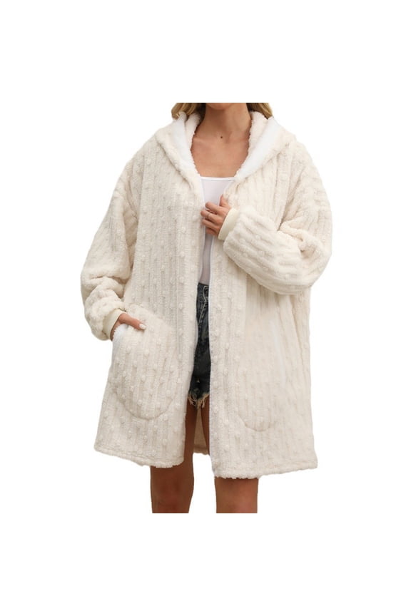 Women's Winter Hooded Zip-Up Sleepwear Jacket - Plus Size Lazy Loungewear with Two Big Pockets Women's Pajamas Free Size