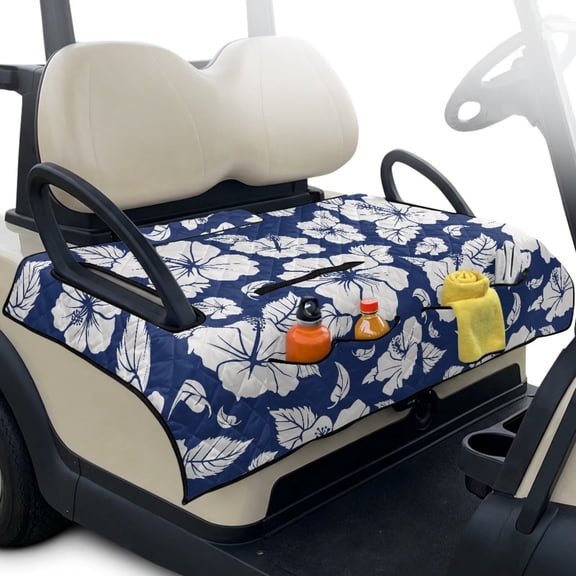 Psesaysky Golf Cart Seat Covers Tropical Universal Golf Cart Seat Blanket with 4 Pockets and Handle Fit for EZGO TXT RXV/Club Car DS Precedent Front Seats 2-Person Seats, Blue Hibiscus Flower
