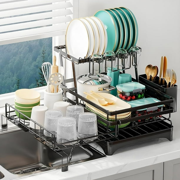 Escurridor de Trastes, Extensible 2 Niveles Escurridor de Trastes Acero Inoxidable, Escurridor de Platos con Bandeja de Goteo escurridor de trastes sobre Fregadero para Encimera de Cocina