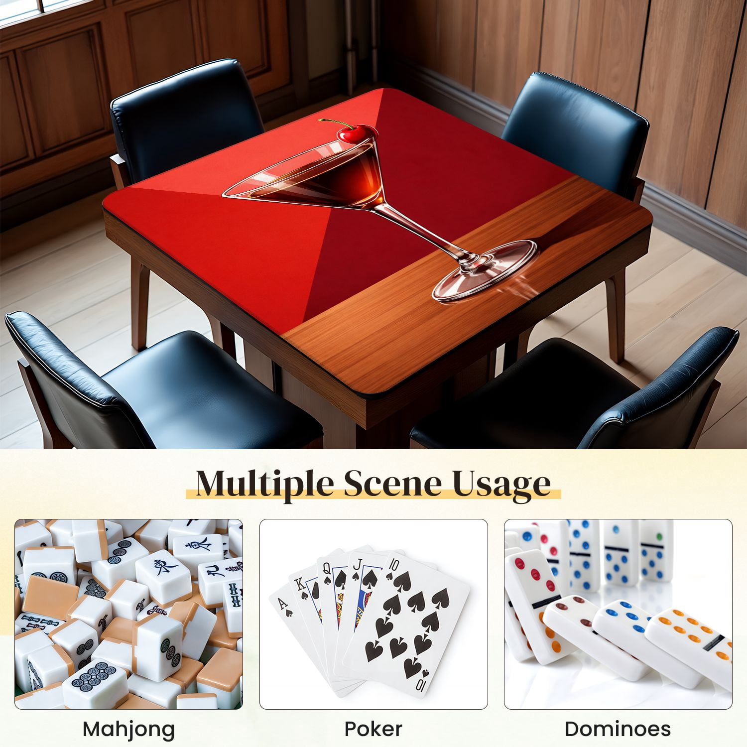 Mahjong Mat 31.5" x 31.5" Classic Cocktail Cherry Garnish Martini Glass Non-Slip Noise Reduction Mahjong Tiles Table Cover for Dominoes Poker Card Board and Tile Games