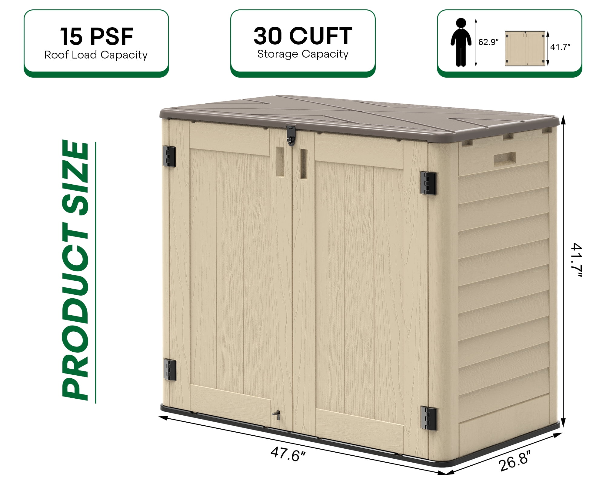 EVOKEDEN 30 Cu.Ft Outdoor Storage Shed, Multi-Purpose Weather-Resistant Utility Shed for Garbage Cans w/ Pad-Lockable Doors Khaki
