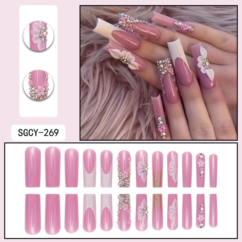 24 Long Coffins with Purple Flower Patterns ABS Full Gloss Fake Nails&1 Nail File and 1 Piece of Jelly Glue press on nails