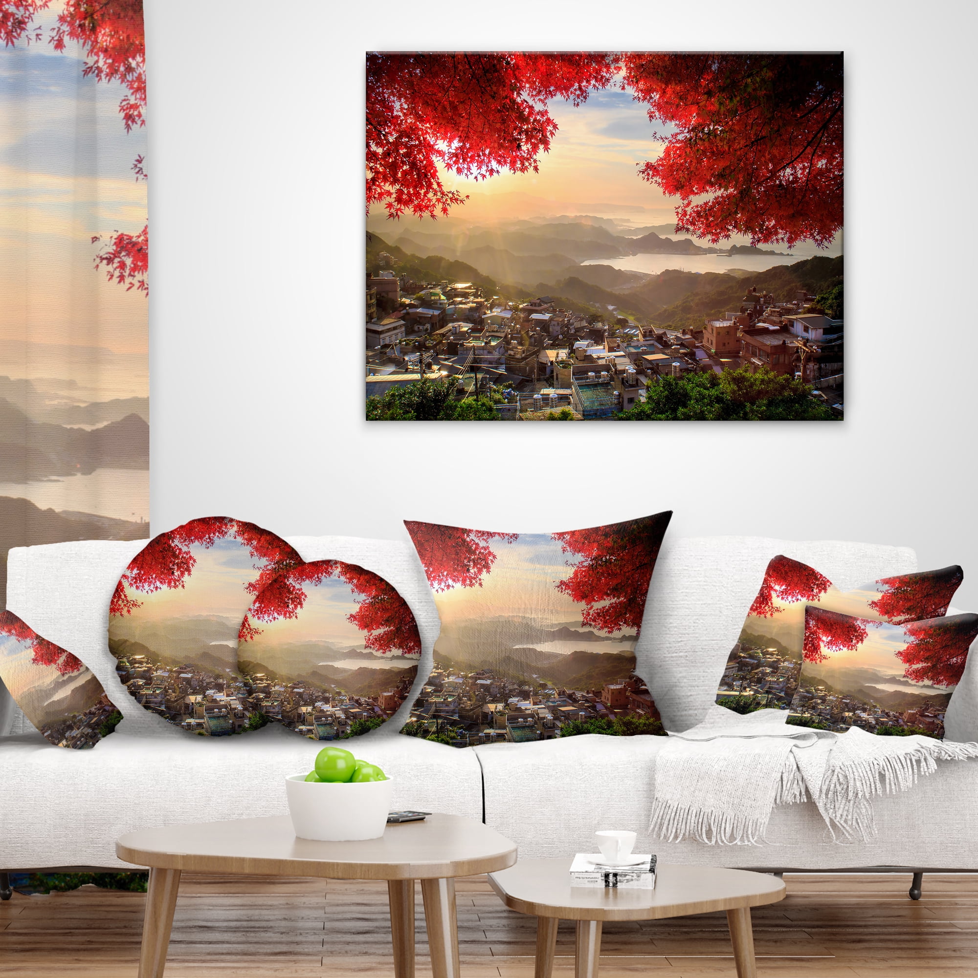 Designart Taiwan Township with Red Trees - Landscape Printed Throw Pillow - 18x18