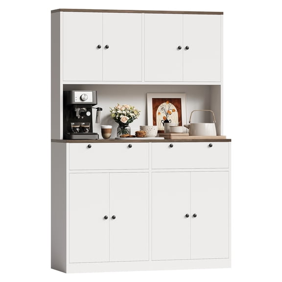 Modern Tall Kitchen Pantry Cabinet with Charging Station – 71" Height, 47" Wide Storage Hutch, Countertop, 2 Drawers, Shelves, Power Outlet – Versatile Food Pantry Furniture for Dining or Living Room