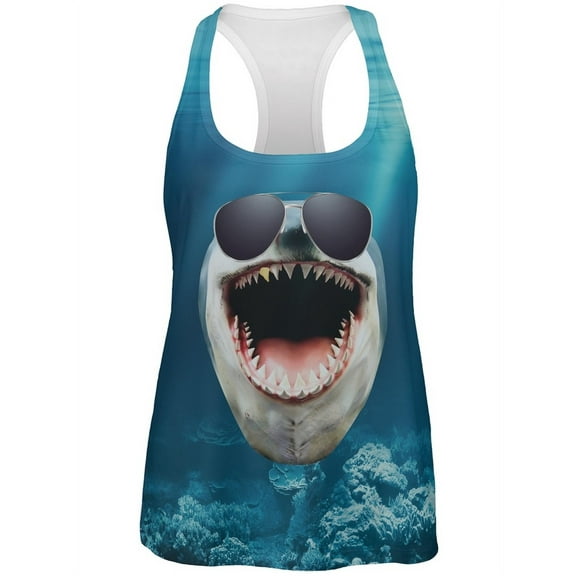 Big Goofy Shark Face All Over Womens Work Out Tank Top - X-Large