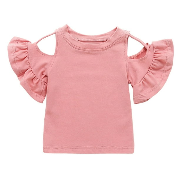 Gibobby Blusas Para Ninas Elegantes Blusa de algodon de color solido con hombros descubiertos y mangas con volantes para ninas y bebes Rosa 3 4