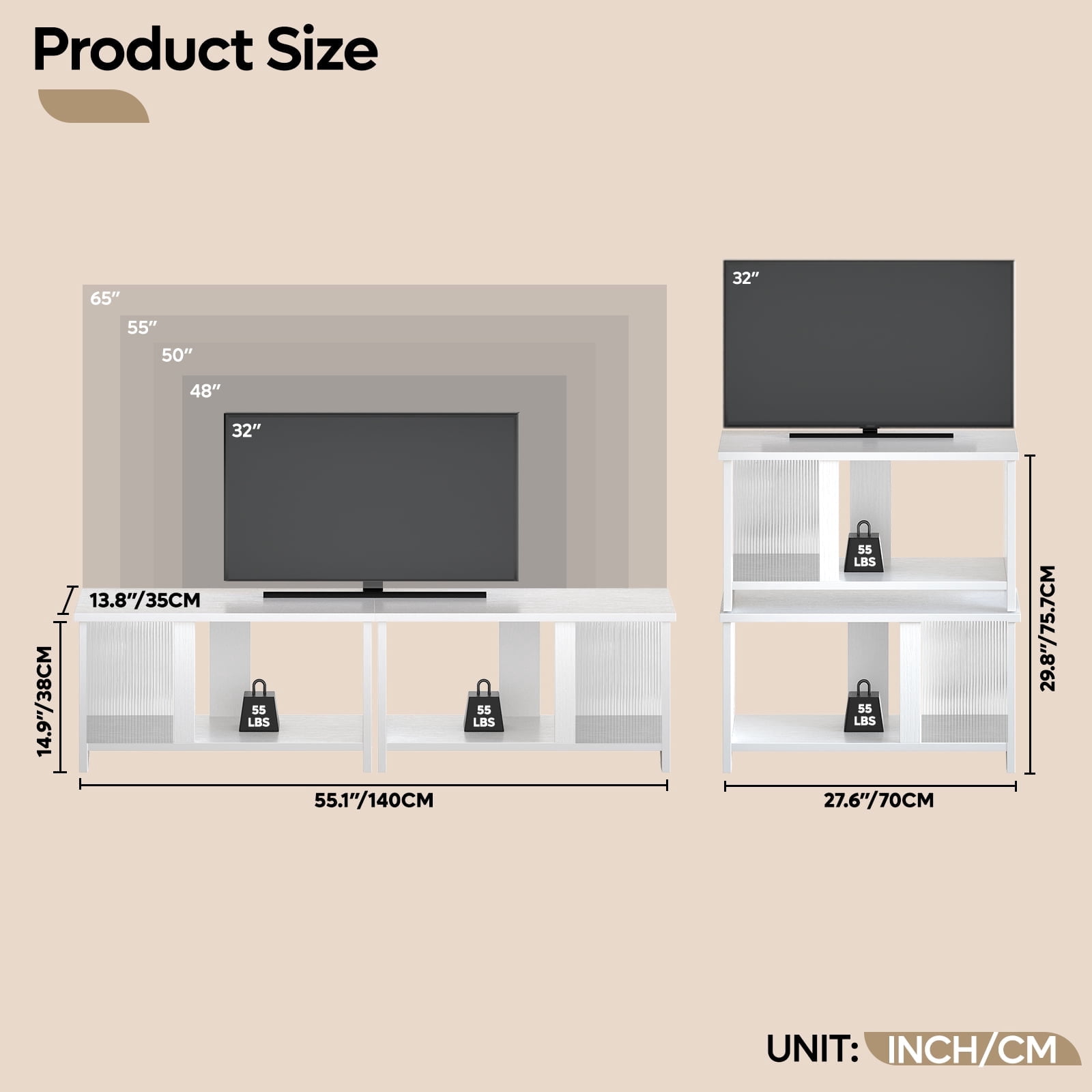 Pinmoco LED TV Stand for TVs up to 65'', Expandable Side by Side or Stacking TV Stand with Storage, White