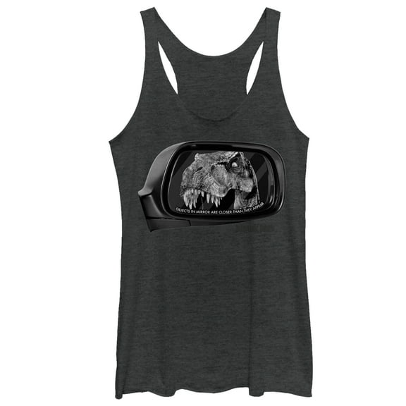 Women's Jurassic Park T. Rex In Rearview Mirror, Objects Are Closer  Racerback Tank Top Black Heather Small