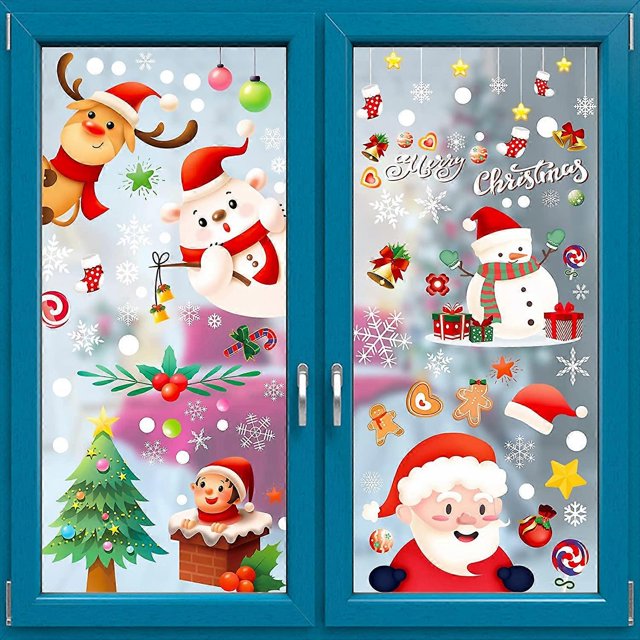 ZHAOCHENG Pegatinas navideñas para ventana, 9 hojas, 242 unidades, película adhesiva de doble cara con texto en inglés "Merry Xmas", muñeco de nieve y Papá Noel