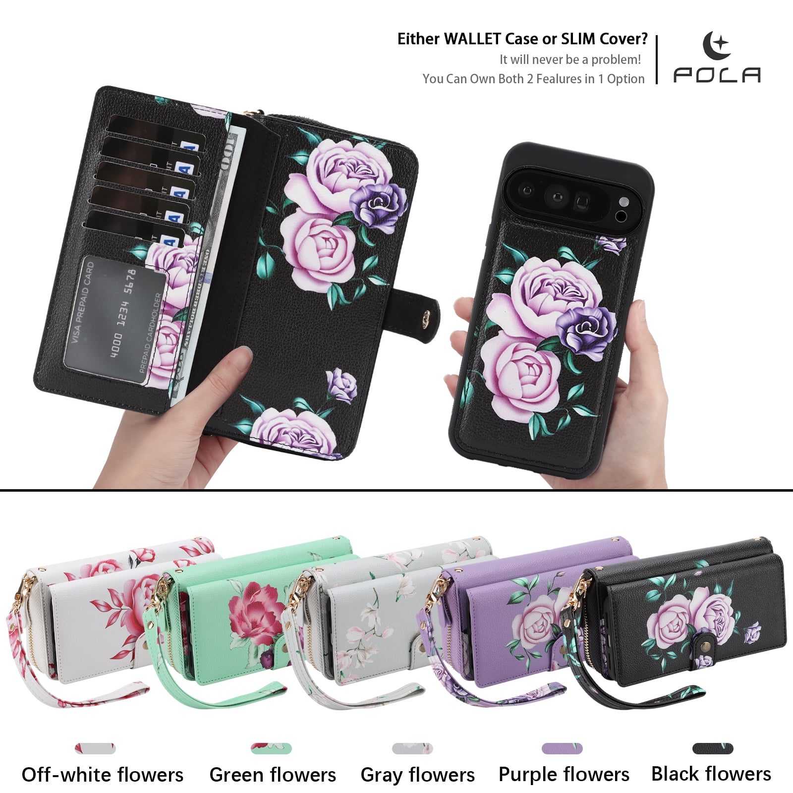 TECH CIRCLE 2-in-1 Wallet Case for Google Pixel 10 / 10 Pro (6.3", 2025), Detachable Magnetic Back Cover, Flip Flower Phone Case with 15 Card Slots, Zipper Pocket, Crossbody Strap, Wrist Strap, Black