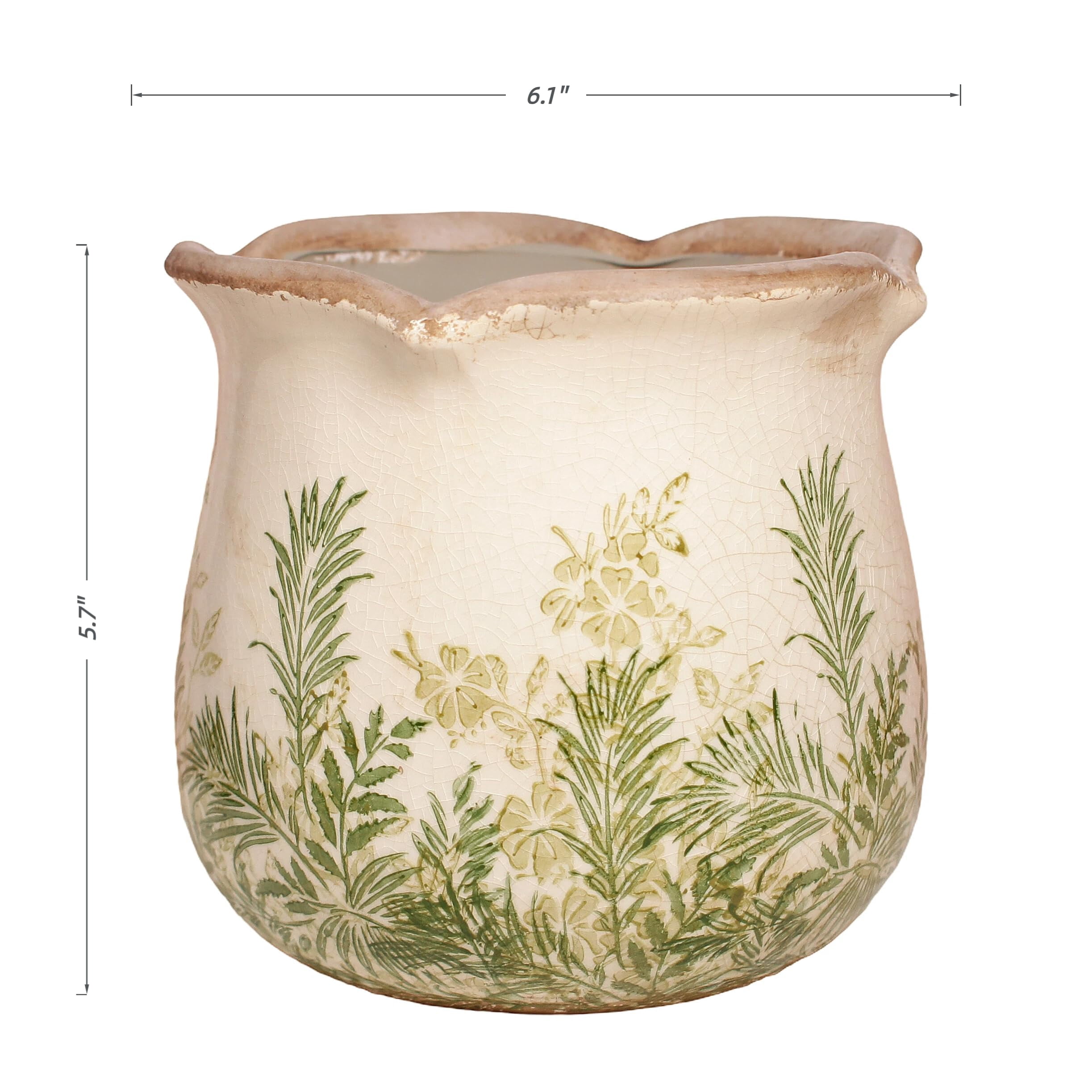 Ceramic Pots for Plants, Vintage Plant Pot with Drainage Hole, 6.11in. Planter for Indoor Plants, Crackle Glaze Finish Flower Pot, Perfect Ceramic Planter for Gardening, Red Blooms