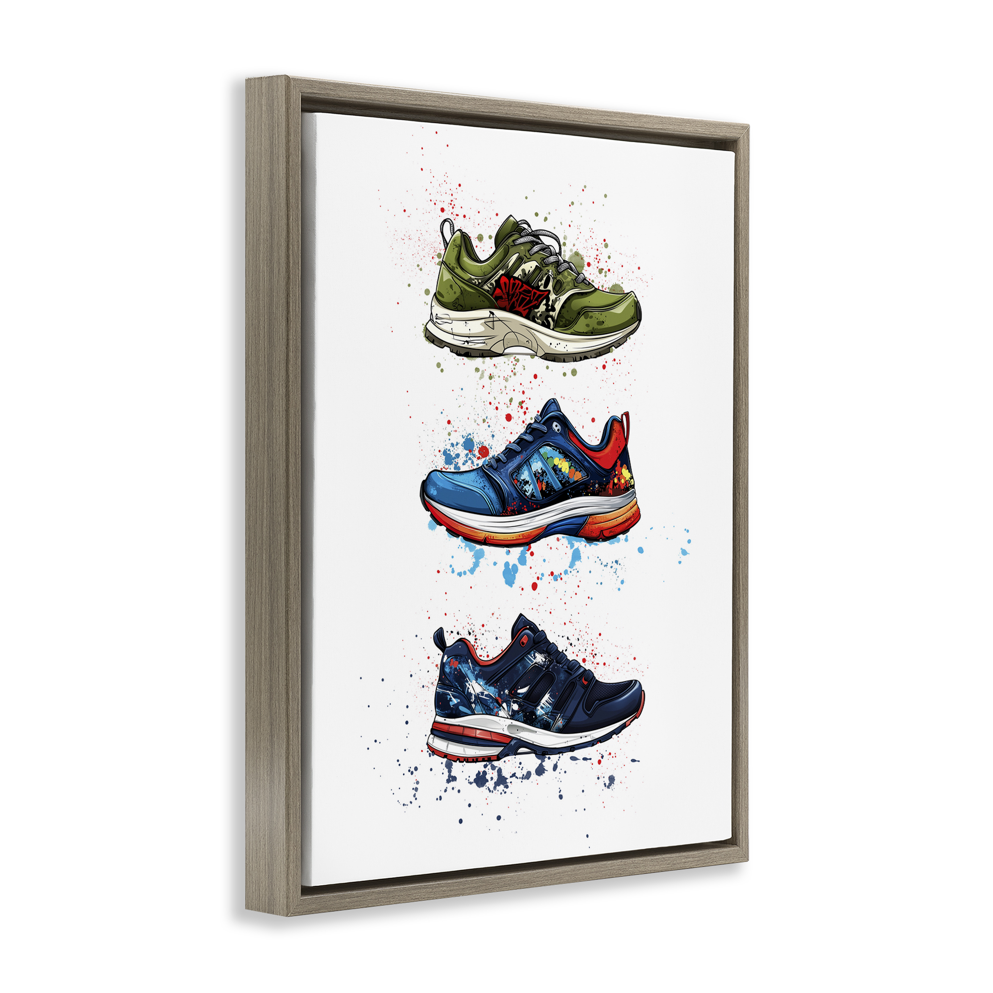 Modern Spray Sneakers Brown Framed Floater Canvas Wall Art, design by Christine Simpson Art