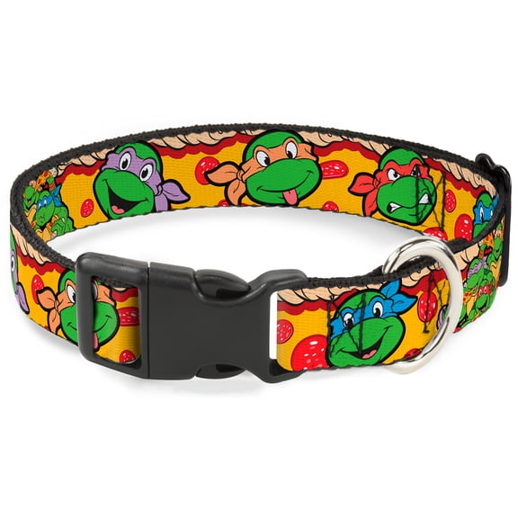 Nickelodeon Pet Collar, Dog Collar Plastic Buckle, Ninja Turtles Turtle Faces Pepperoni Pizza Turtles Pose, 13 to 17 Inches 1.5 Inch Wide