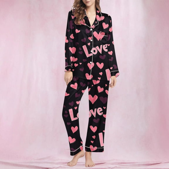 Sakmal Valentine's Day Lounge Sets Women Heart Print Button Up Love Long Sleeve Shirt with Pants Loungewear Black Collared Pajama Set for Women L