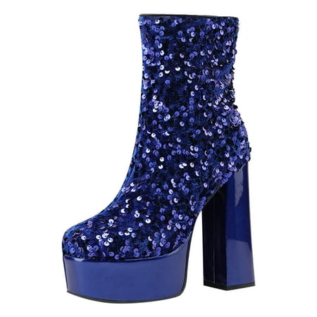 OJSFQUFP Womens Shoes Winter Warm Boots Women Ankle Boots Autumn and Winter New Pattern Fashion Sequin Decoration Shiny Thick Heel Thick Platform Comfortable Shoes Platform Combat Boots Blue 42
