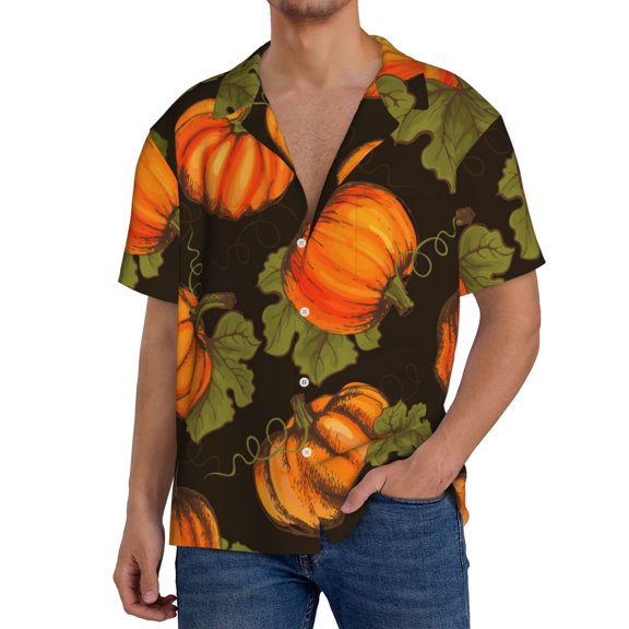Logiee Orange Pumpkin Print Men's Button Down Shirts Short Sleeve, Summer Beach Shirts,Vacation Wedding Shirts,Men's Casual Button-Down Shirts with Pocket-Small