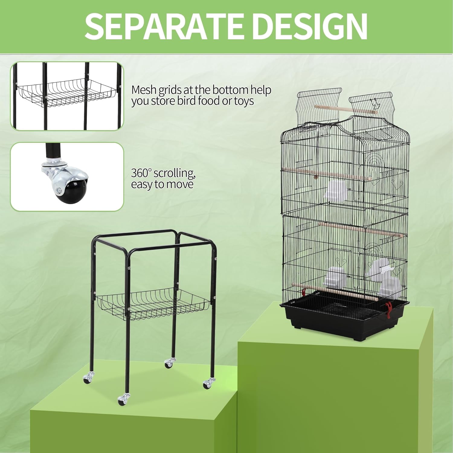 CL.HPAHKL Large Bird Cage, 64 inch Parakeet Cage with Open Play Top & Rolling Stand, Wrought Iron Birdcage for Parrot Cockatiel Cockatoo Lovebird, Black