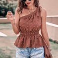 thumbnail image 3 of Blusa de un hombro Top sin mangas Dobladillo con volantes Cintura fruncida elástica Blusa jacquard Camisa Color caramelo S, 3 of 7
