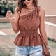 thumbnail image 3 of Blusa de un hombro Top sin mangas Dobladillo con volantes Cintura fruncida elástica Blusa jacquard Camisa Color caramelo S, 3 of 7