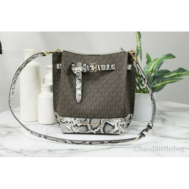 Michael Kors Emilia Signature Leather Snakeskin Print Bucket Messenger Handbag (Natural Multi)