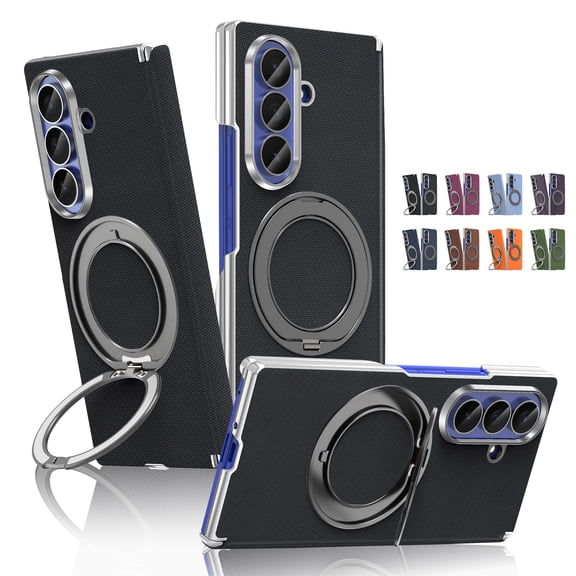 Mynvo Magnetic Case for Samsung Galaxy Z Fold 8 Ultra, with Rotating Kickstand/360° Ring Holder, [Compatible with Magsafe] Electroplated Shockproof Bumper Slim PU Leather Phone Cover, Black
