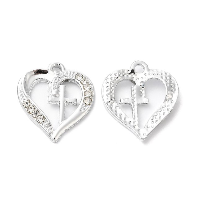 Rack Plating Alloy Crystal Rhinestone Pendants Heart with Cross Charms Platinum 20x17.5x2.5mm Hole: 1.5mm