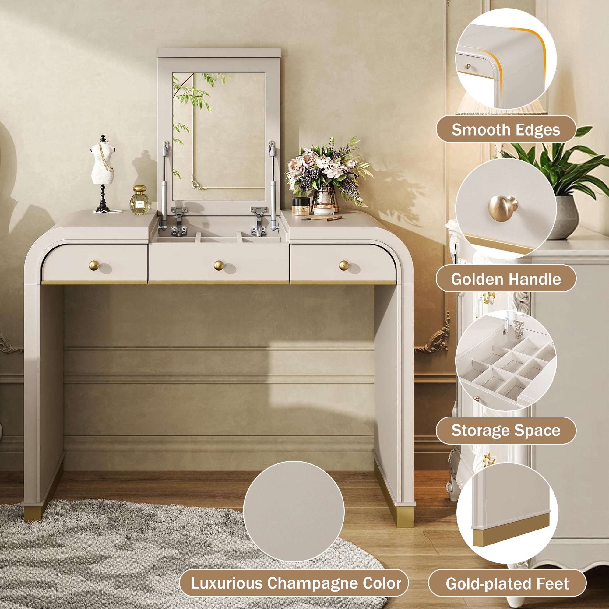 Mintazer Classic Wood Vanity Set with Flip Mirror, 3-in-1 Dressing Table with 2 Drawers & Storage Space, Makeup Vanity Desk for Bedroom, Champagne
