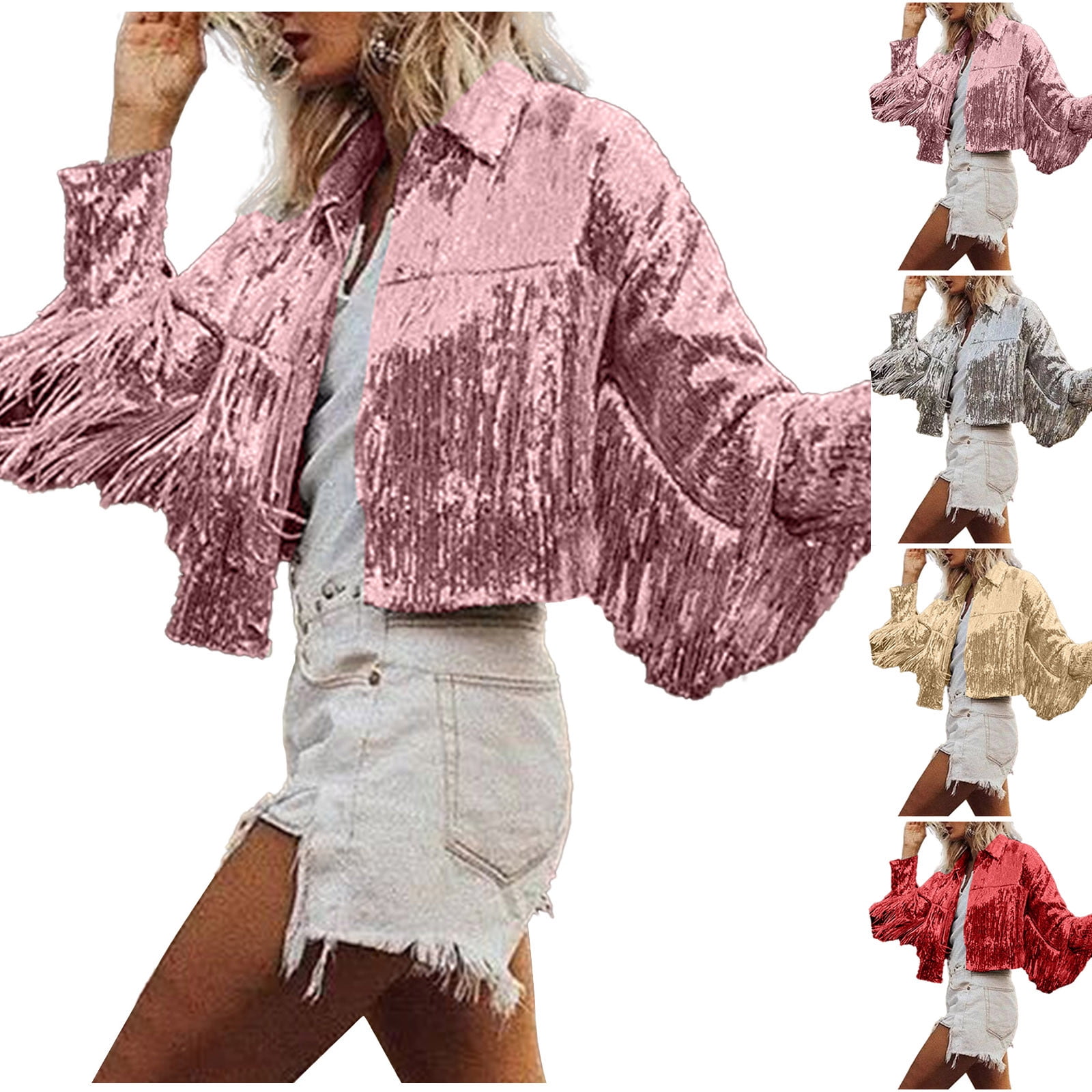 Lovskoo Women's Sequin Tassel Jacket Retro Long Sleeve Lapel
