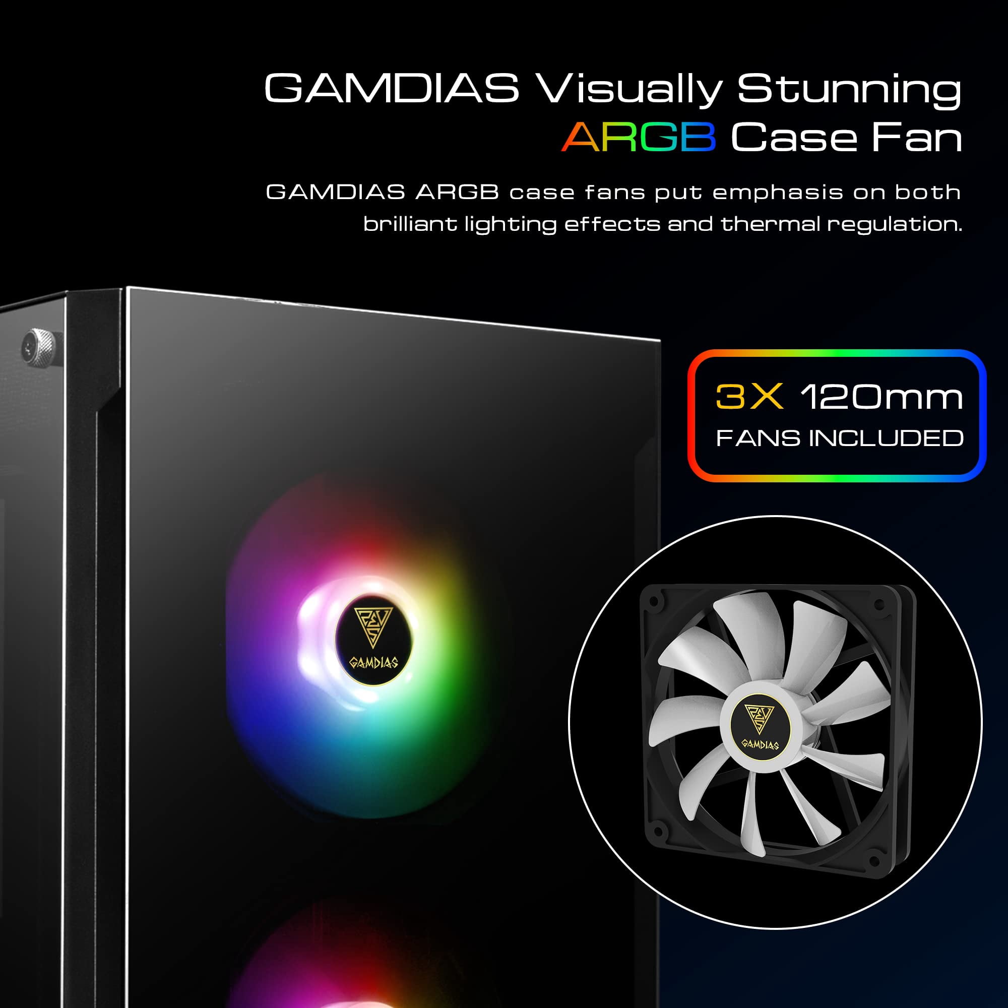 TALOS E3, ATX PC Case, Black Gaming Case with 3 Built-in 120mm ARGB Fans, Tempered Glass Panels by Gamdias