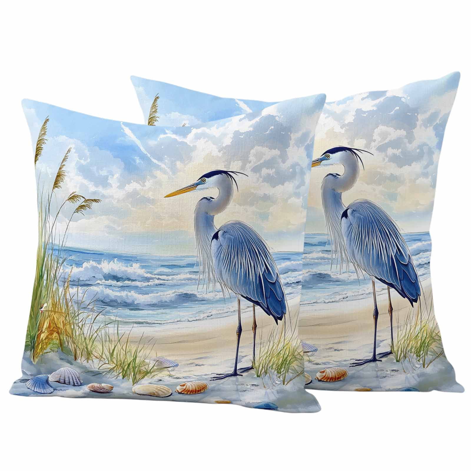 Pack of 2 Outdoor Pillow Covers 20x20 Inch Waterproof Coastal Birds Throw Pillow Covers,Decorative Couch Pillow Shams Protectors Blue Sky Heron Seabird Tropical Beach Patio Pillowcases Cushion Covers