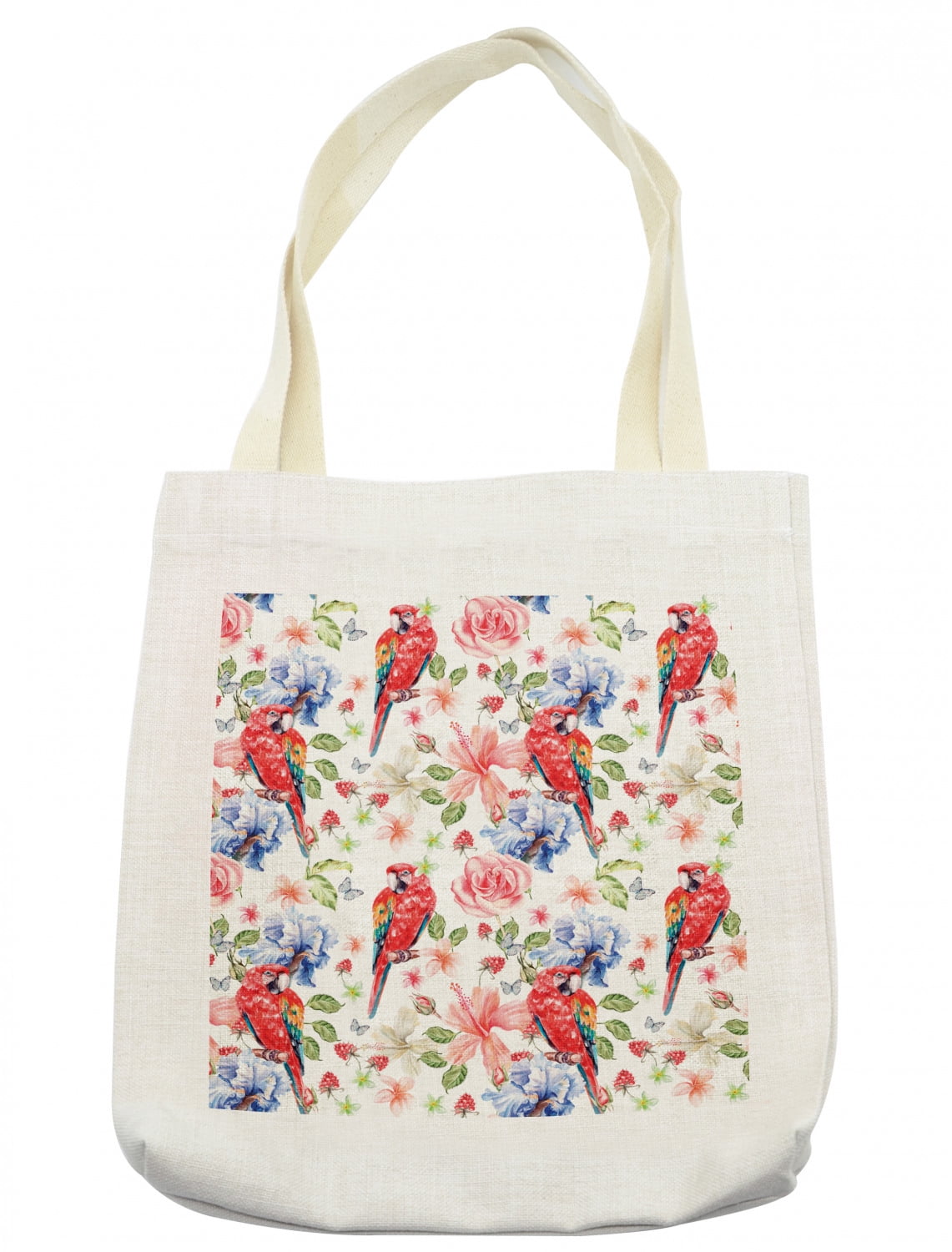 Parrot Tote Bag, Pastel Colored Parrots Iris and Roses on Berry ...