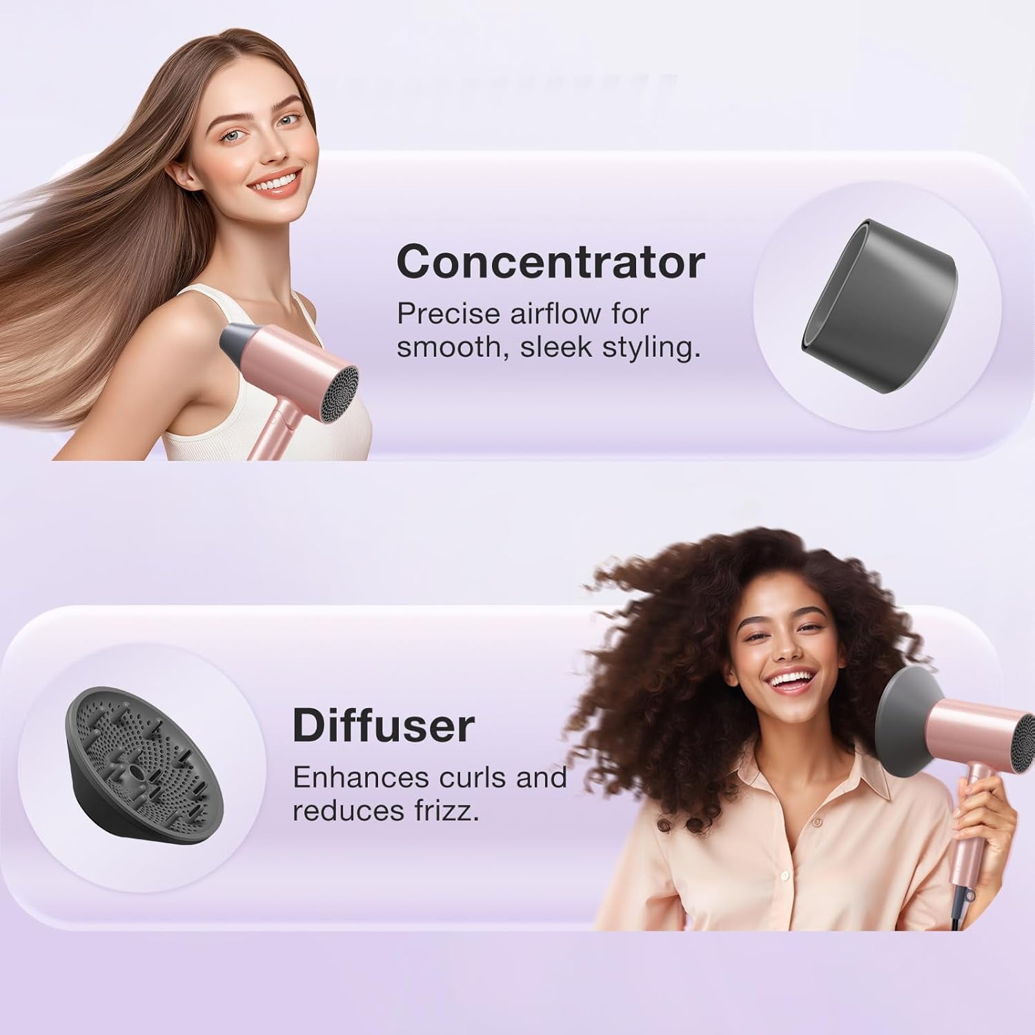 BABONIR Ionic Negative Ion Hair Dryer with Diffuser, 1875W Fast Drying, 3 Heat 2 Speed, Foldable Compact for Women Travel & Gift, Pink
