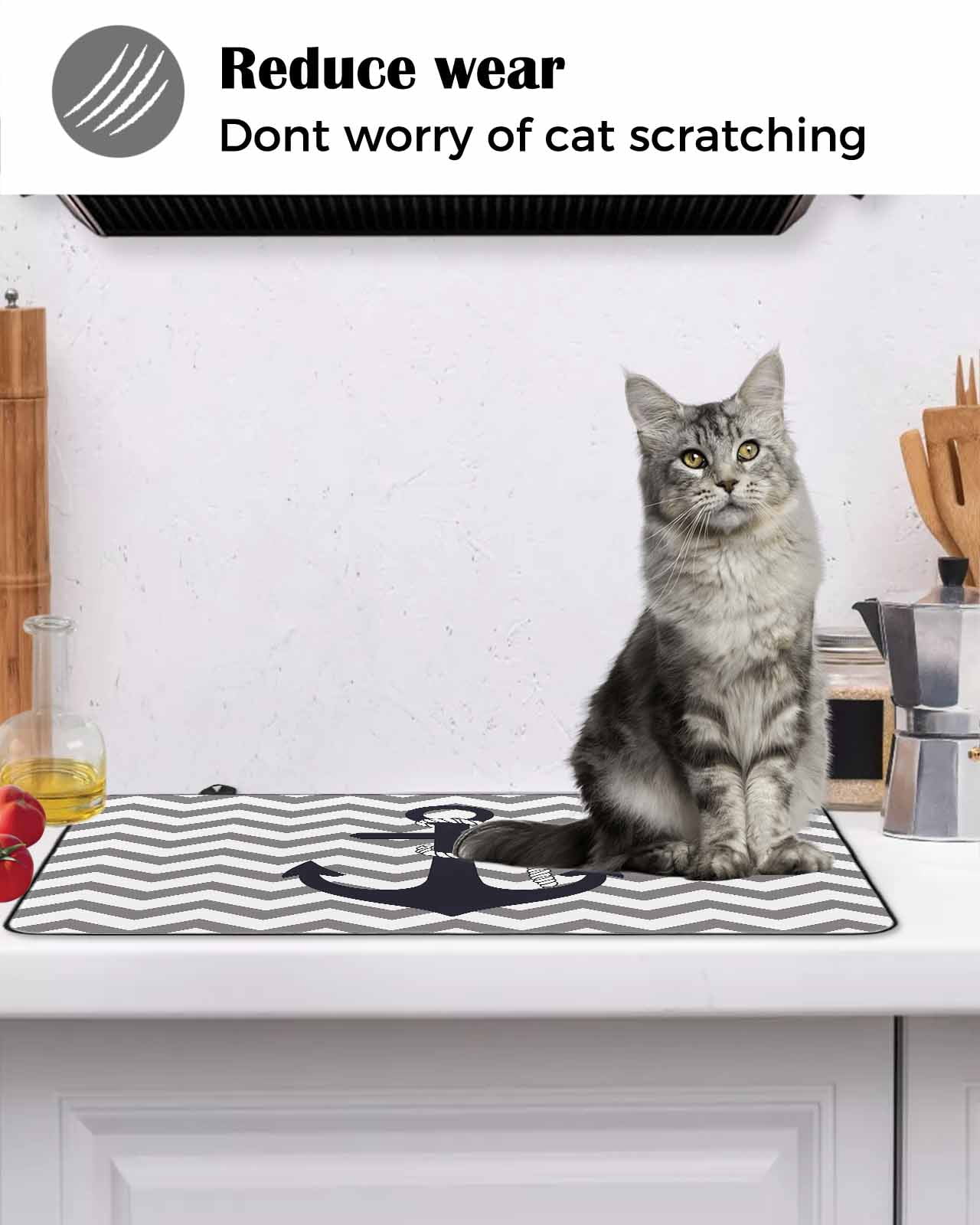 nqOlkjepod Large Induction Cooktop Protector Mat 24"x21", Grey Zigzag Stove Top Covers for Electric Stove, Coastal Nautical Anchor Stripes Decorative Stove Burner Cover Mats, Glass Top Stove Cover