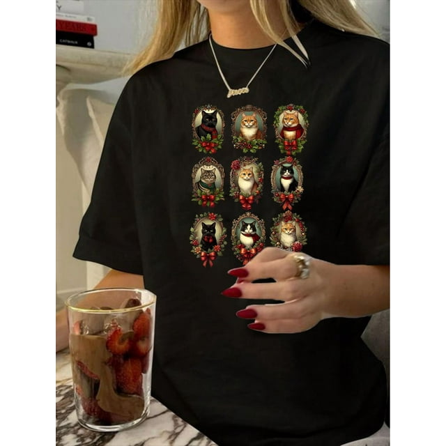 Vintage-Inspired Geometric Print T-Shirt for Women - Casual Crew Neck, Short Sleeve, Polyester Blend, Machine Washable - Perfect for Summer