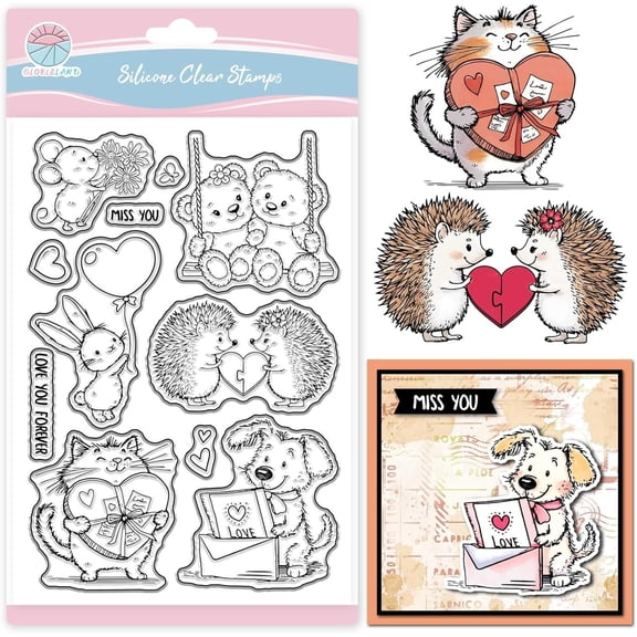 1sheet Valentine Animals Clear Stamps Valentine's Day Silicone Clear Stamp Seals Hedgehog Love Transparent Stamps for DIY Scrapbooking and Cards Making Photo Album Journal 6.3x4.33inch