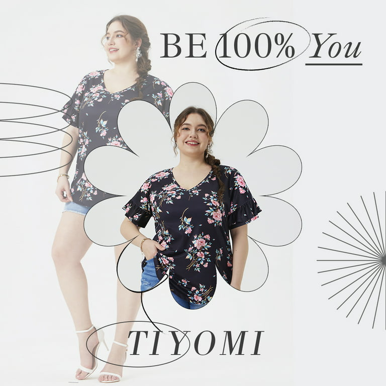 TIYOMI Plus Size 5X Shirts For Women Ruffle Short Sleeve Knitted Flower  Tops V Neck Pullover Floral Black Summer Tunics 5XL 26W 28W 