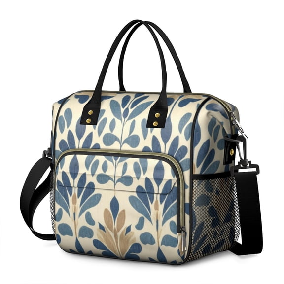 OBREWU Blue and Beige Pioneer Flower Modern Art Geometric Women's Insulated Leakproof Large Lunch Bag, Oxford Cloth