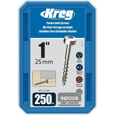 Kreg SPS-C1-250 Zinc Pocket Screws, 1-Inch #7 Coarse Thread, Pan-Head (250 Count)