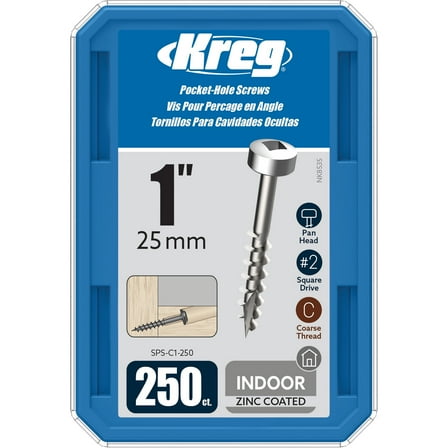 Kreg SPS-C1-250 Zinc Pocket Screws, 1-Inch #7 Coarse Thread, Pan-Head (250 Count)