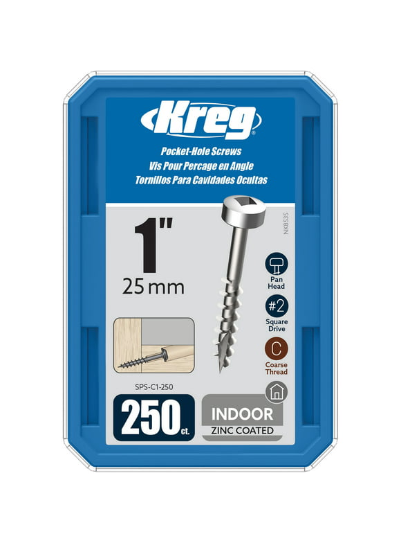 Kreg SPS-C1-250 Zinc Pocket Screws, 1-Inch #7 Coarse Thread, Pan-Head (250 Count)